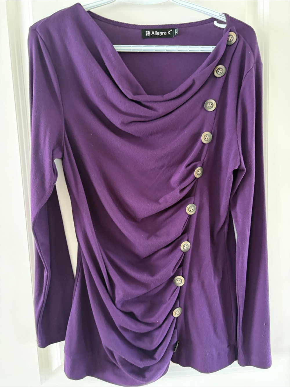 Allegra K Purple Draped Long-Sleeve Button Front Top